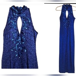 JV Collection Cobalt blue sequin silk Halter  maxi bodycon dress. Size 4